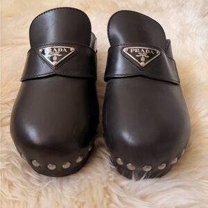 Prada Black Leather Mules with Silver Studs